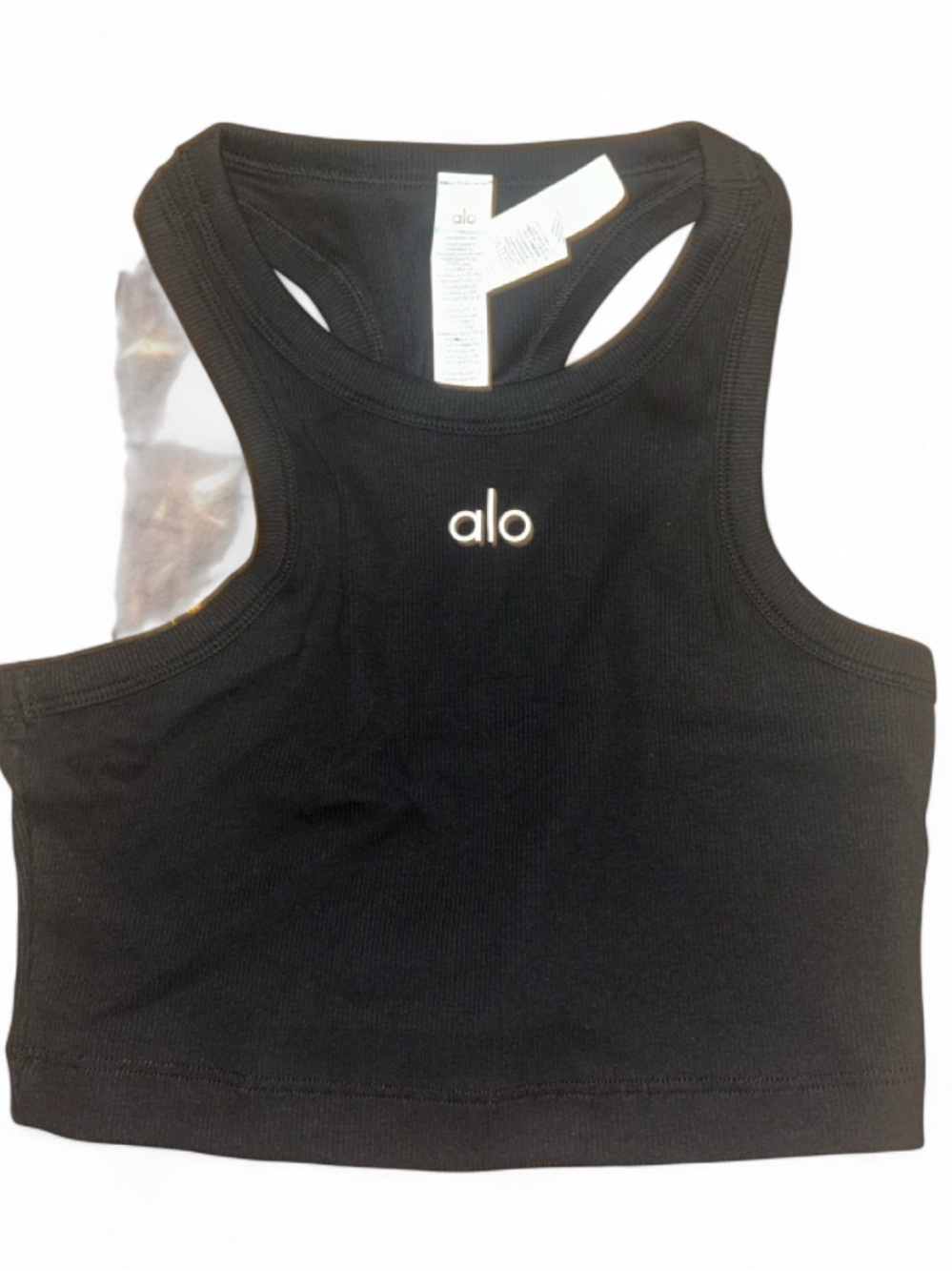 ALO Yoga Black Ribbed Racerback Crop Tank with Center Logo